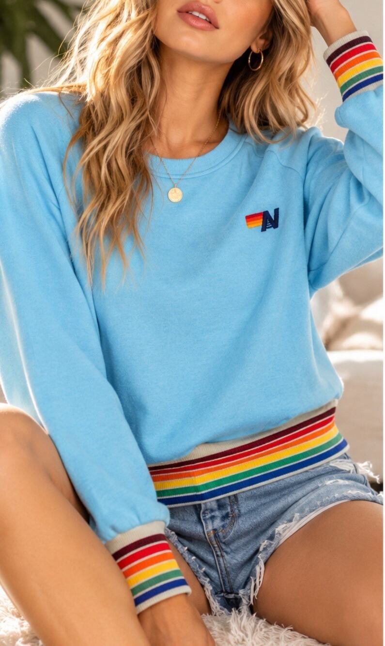Aviator Nation 5 Stripe Rainbow Sweatshirt Crew Neck Blue Women’s MED M Sweater